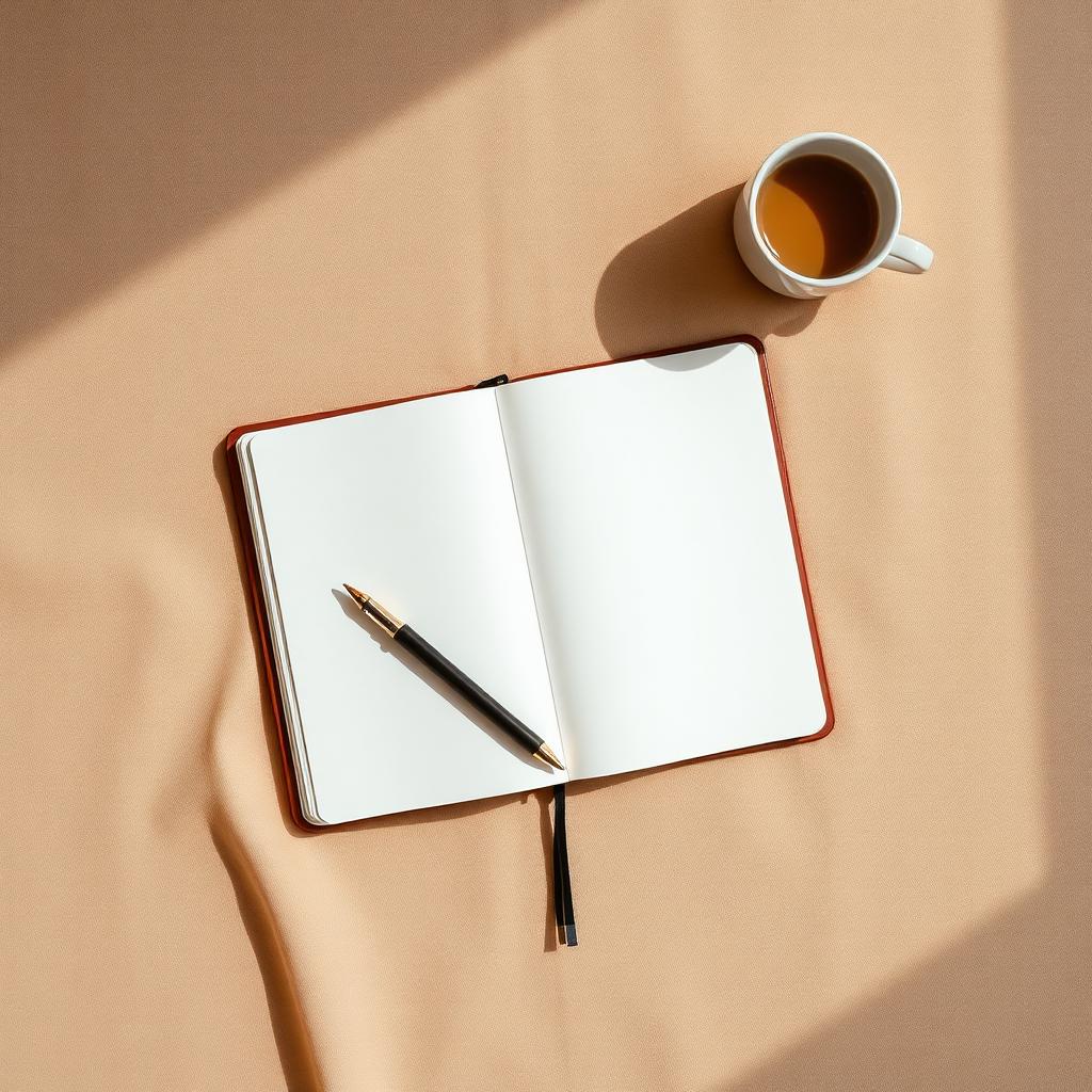An open notebook and coffee on a warm-toned desk