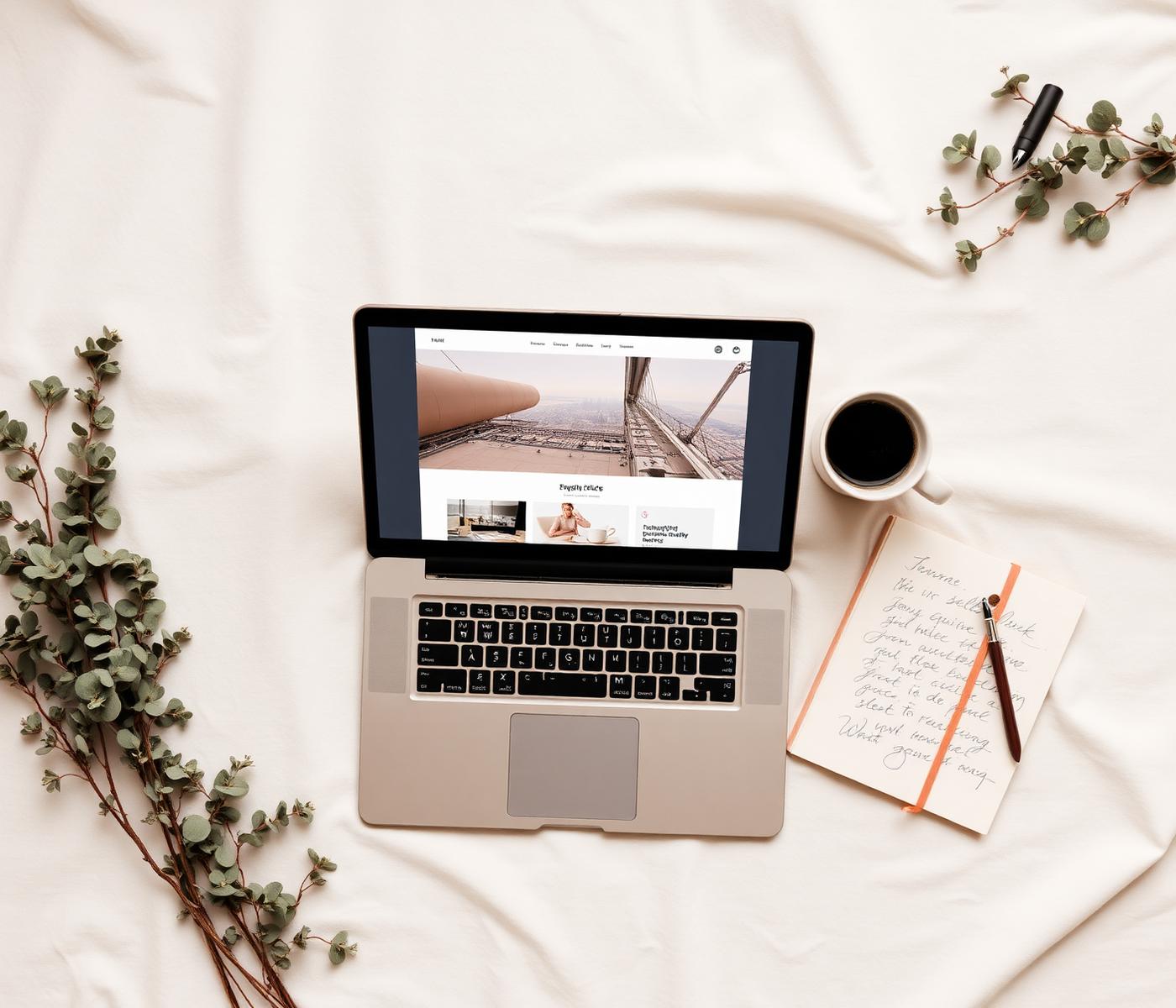A quiet workspace, notebook and coffee